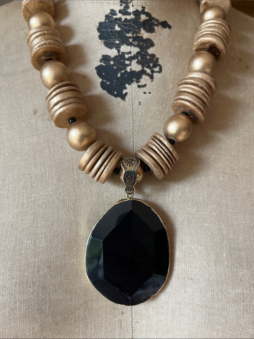 Katrina Gold Bead Necklace with Black Faceted Pendant - Women's Necklace